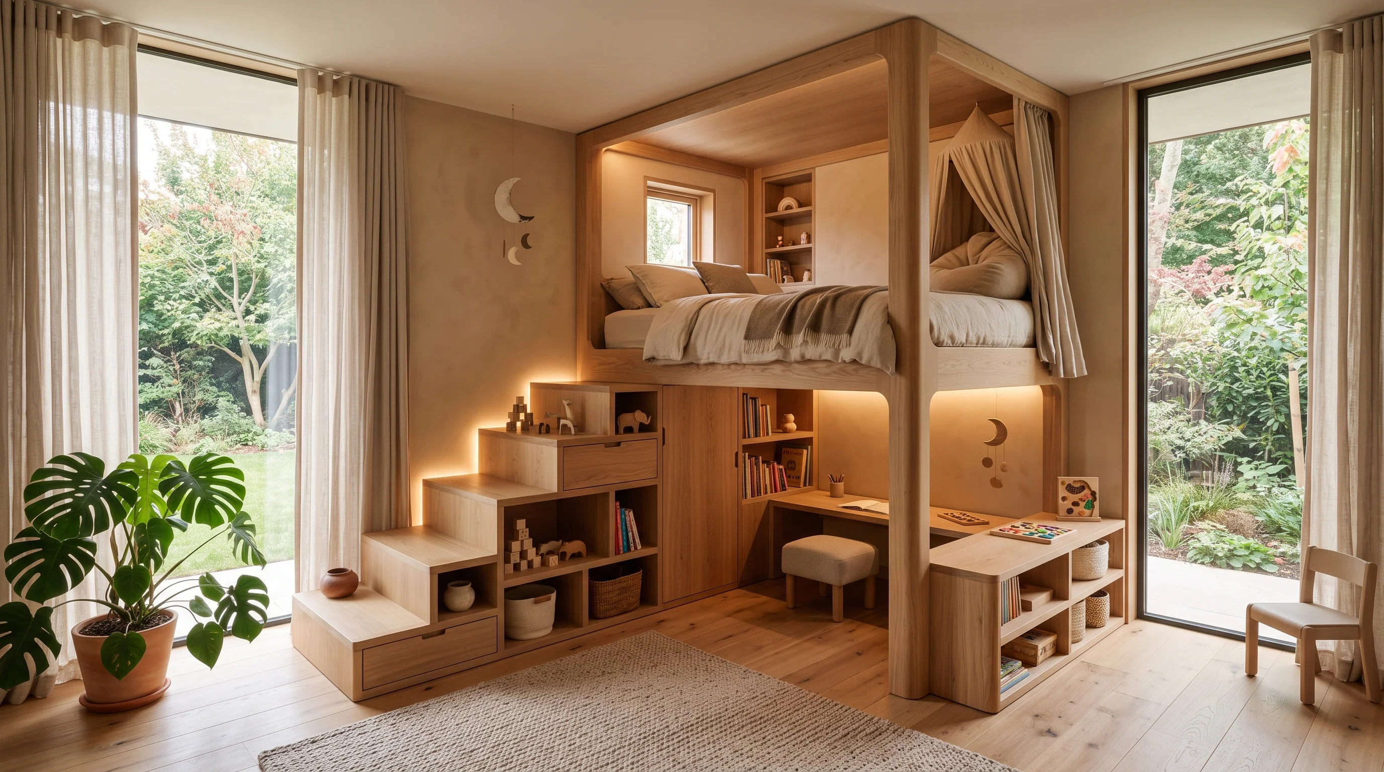 Dual mezzanine loft bed structure with concealed reading nook